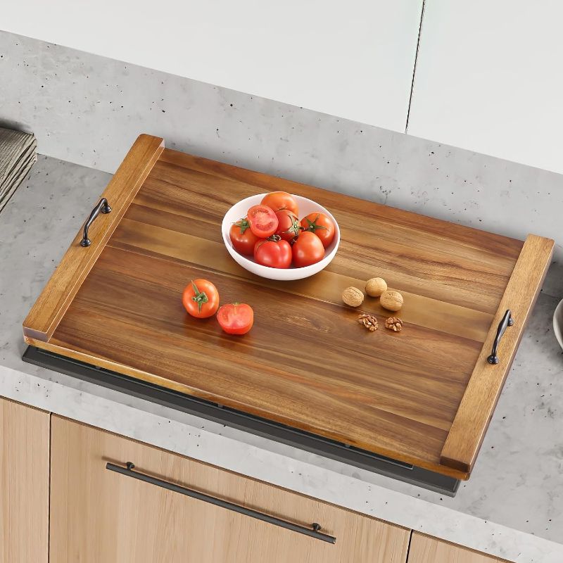 Photo 1 of 30 x 22 Inch Acacia Wood Noodle Board Stove Cover with Handles, Wood Stove Top Cover Board for Electric Stove Gas Stove, Counter Space Sink Cover RV Stove Top Cover, Decorative Tray
