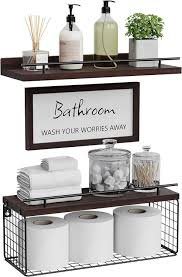 Photo 1 of WOPITUES Floating Shelves with Bathroom Wall Décor Sign,Wood Floating Bathroom Shelves Over Toilet with Toilet Paper Storage Basket Set of 3, Floating Shelf with Guardrail for Wall Décor–Rustic Brown

