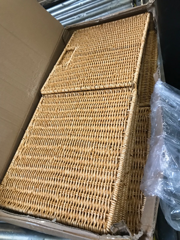 Photo 2 of 12X12X10in Wicker Storage Basket, Collapsible Wicker Cube Storage, Woven Basket for Shelves, Plastic Storage Basket for Pantry, Bedroom, Living Room, Bathroom, Shelves(Natural) Natural 12x12x10