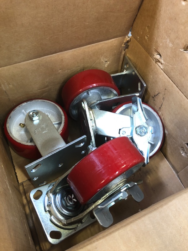 Photo 2 of 5" X 2" Swivel Caster Heavy Duty Red Polyurethane Wheel on Steel Hub with Brakes (2) and Fixed (2) 4,000lbs Per Set of 4 Tool Box Casters - CasterHQ Brand (5")