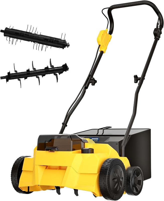 Photo 1 of Mellif 14.2” Cordless Dethatcher + Scarifier for Dewalt 20V MAX Battery (No Battery Included), 5-Position Depth Adjustment, 600W Brushless Lawn Aerator with Removable 10.6-Gallon Collection Bag
