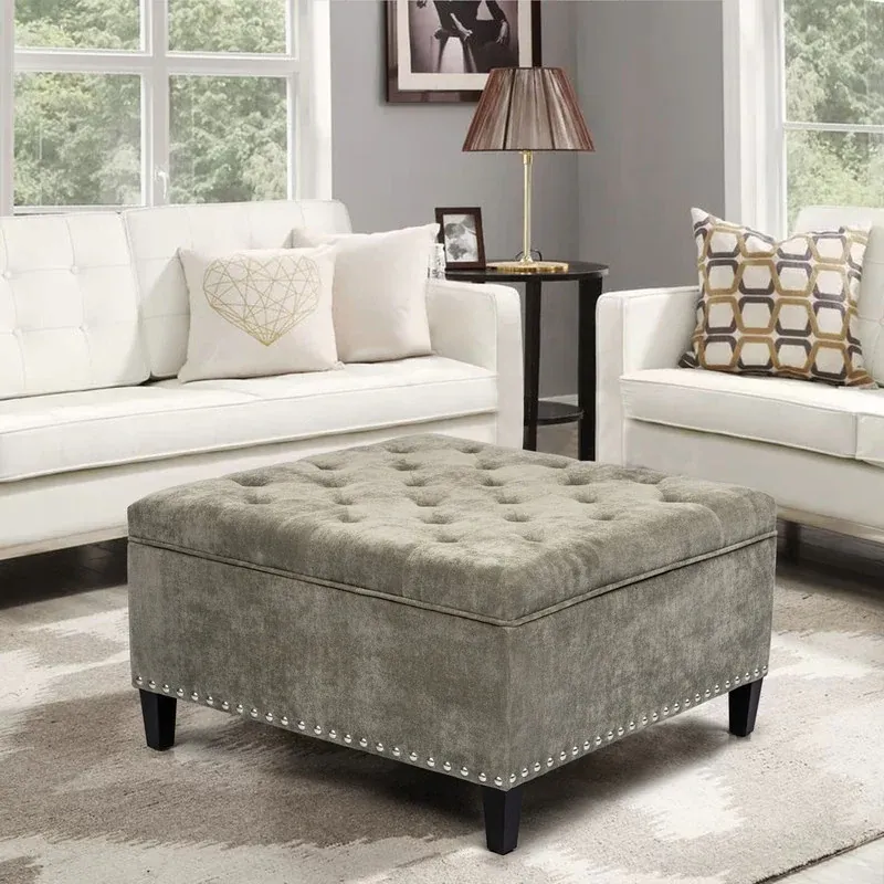 Photo 1 of  Large Square Footstool Fabric Storage Ottoman Bench Light Grey