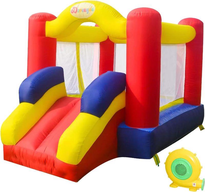 Photo 1 of Outdoor Play Bounce House with Slide Inflatable Bouncer Backyard Playground Sets with Blower, Dart Target Game for Kids 6.6x9.6x5.8ft
