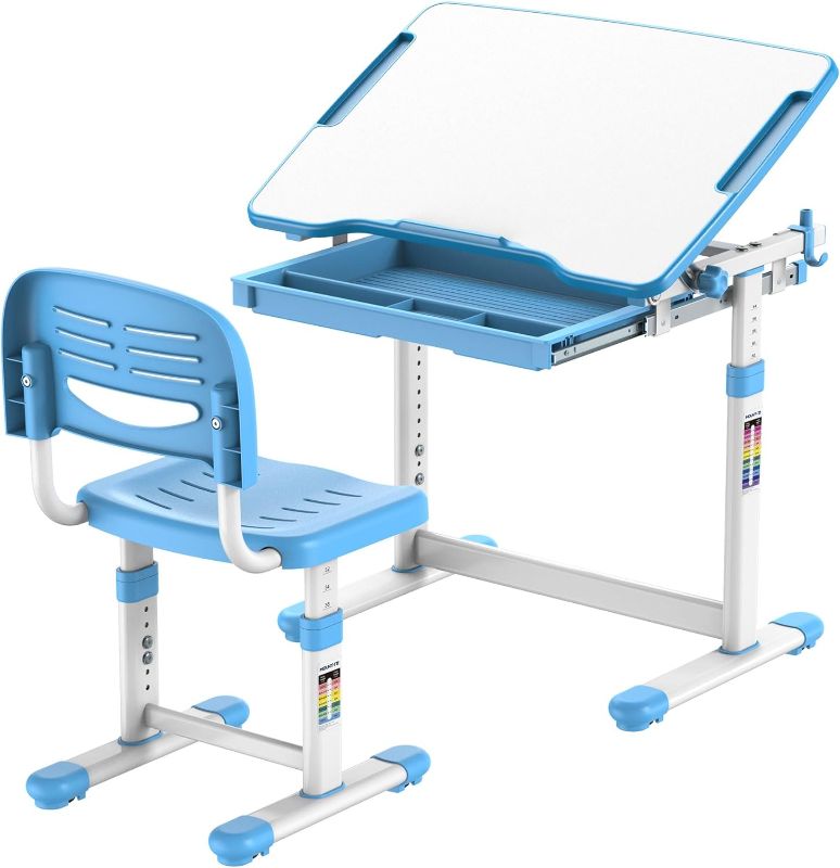 Photo 1 of Mount-It! Kids Desk and Chair Set, Height Adjustable Ergonomic Children's School Workstation with Storage Drawer Blue
