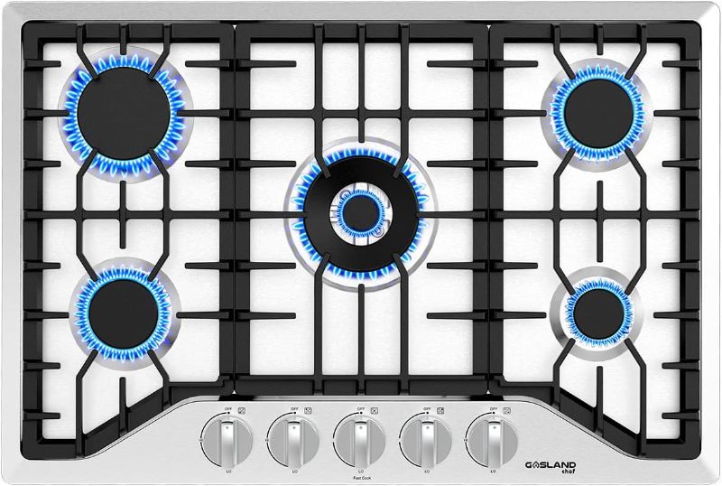 Photo 1 of Gas Cooktop 30 Inch, GASLAND Chef PRO GH2305SF 5 Burner Gas Stove, Built-in NG/LPG Convertible Gas Cooktops, Gas Countertop Plug-in with Thermocouple Protection, Stainless Steel
