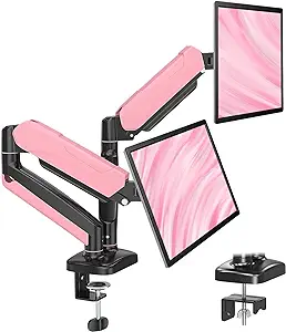 Photo 1 of MOUNTUP Dual Monitor Stand, Fully Adjustable Gas Spring Dual Monitor Mount, Monitor Desk Mount with C Clamp, Grommet Mounting Base, Double Monitor Arm for 2 Computer Screen up to 32 Inch, Pink
