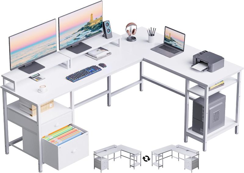 Photo 1 of Furologee White 66" L Shaped Desk with Shelves, Reversible Corner Computer Desk with File Drawer & Dual Monitor Stand, Large Home Office Desk Writing Study Gaming Table Workstation
