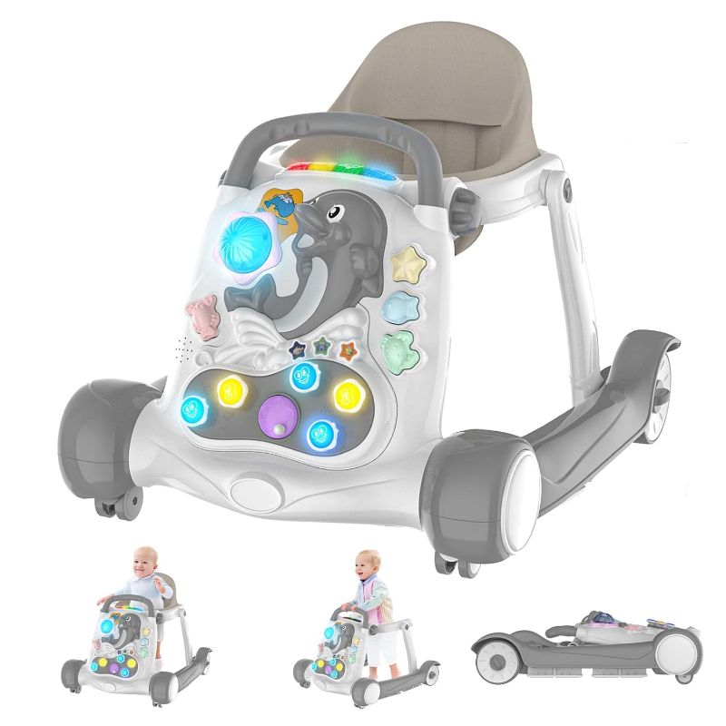 Photo 1 of Baby Walker with Wheels, 2-in-1 Activity Walker Learning-Seated, Walk-Behind, Rich Music Game Panel, Adjustable Height & Speed, Foldable Baby Walker for Boys and Girls from 6-18 Months with Footrest
