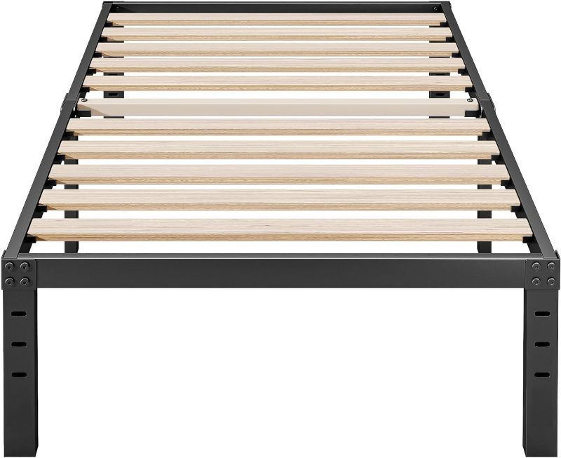 Photo 1 of 18" Twin XL Heavy Duty Bed Frame with Sturdy Wood Slats No Box Spring Needed, Durable Metal Platform Bed Frame Twin XL Size, Underneath Storage, Easy Assembly, Noise Free, Black
