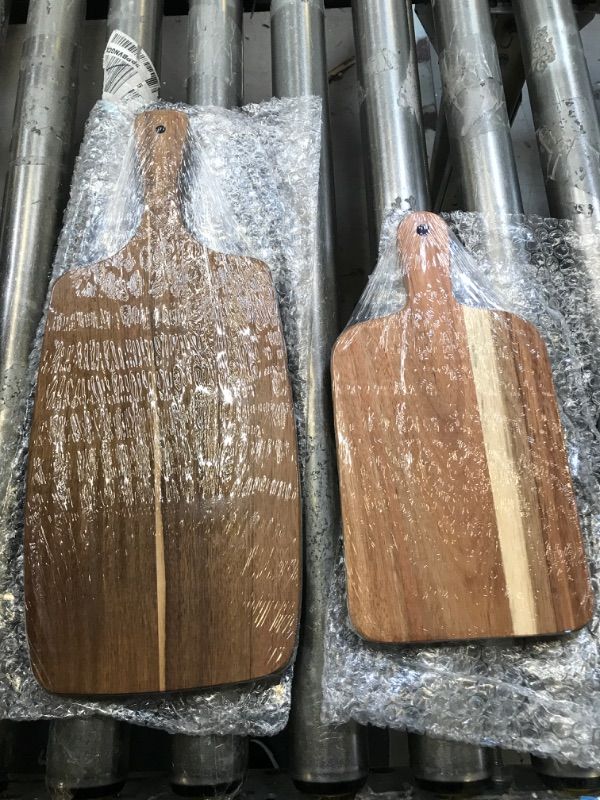 Photo 2 of 2  Pcs Acacia Wood Cutting Board 17 x 7 Inch and 12 x 6 Inch Wood Serving Board Set with Handle Laser Engraving Serving Board for Vegetables Meat Pizza Cheese Bread Housewarming Gift