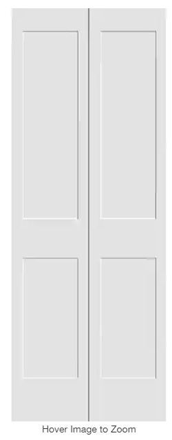 Photo 1 of 30 in. x 80 in. Solid Wood Primed White Unfinished MDF 2-Panel Shaker Bi-Fold Door with Hardware
