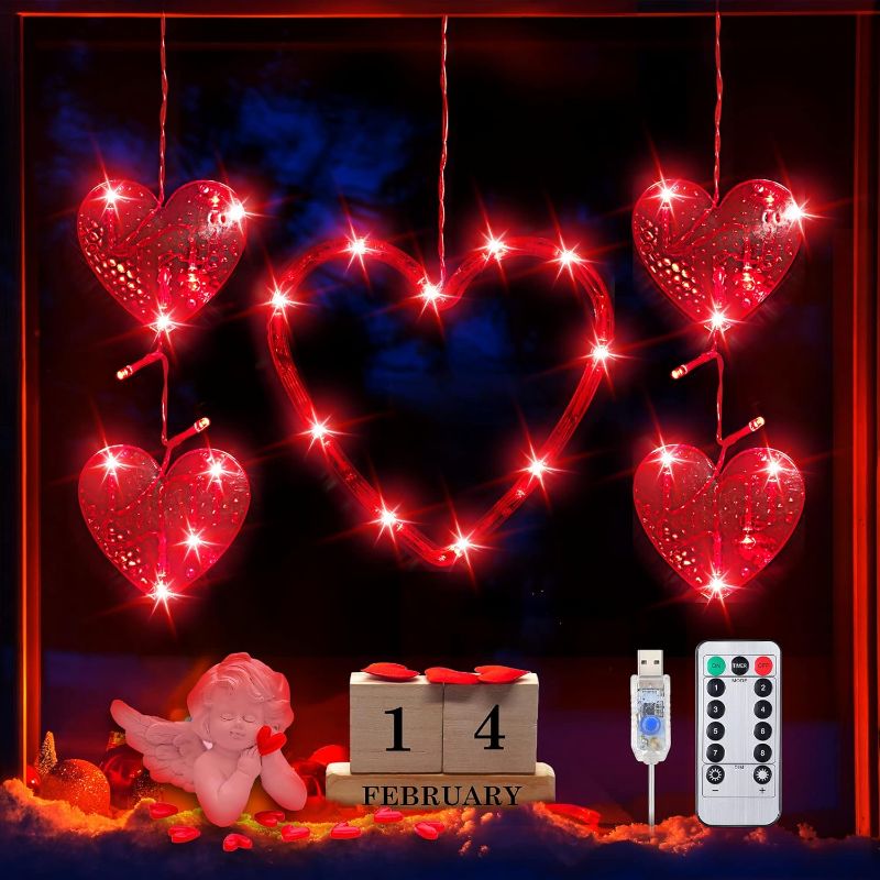 Photo 1 of 8 Mode Valentine's Day Window Heart Light Red Hearts Lights Backdrop String Lights for Outdoor Indoor Home Bedroom Wedding Valentine Party Holiday Wall Decor (1 Set)
