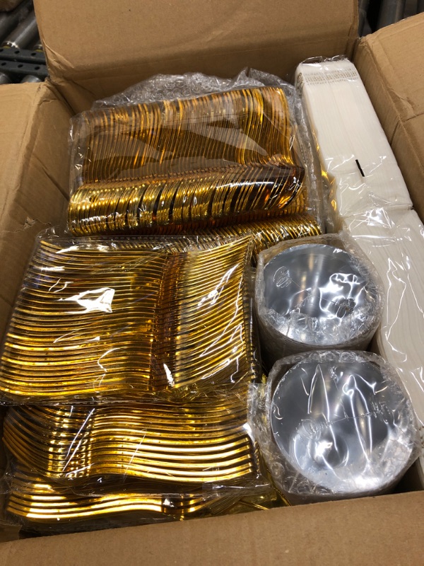 Photo 2 of 700 Piece Gold Dinnerware Set for 100 Guests, Plastic Plates Disposable for Party, Include: 100 Gold Rim Dinner Plates, 100 Dessert Plates, 100 Paper Napkins, 100 Cups, 100 Gold Plastic Silverware Set