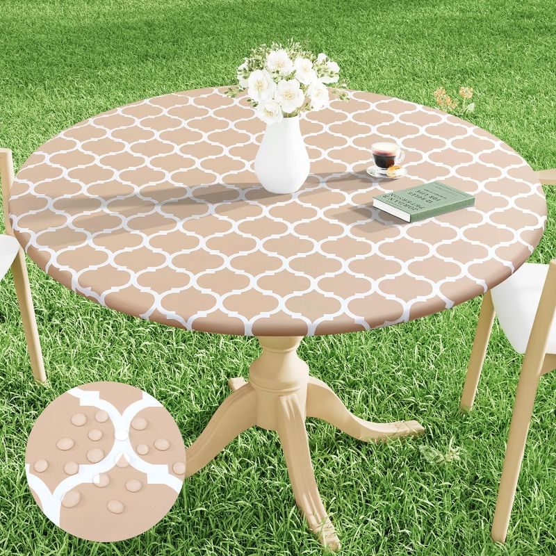 Photo 1 of smiry Round Picnic Tablecloth, Waterproof Elastic Fitted Table Covers for 36" - 44" Tables, Wipeable Flannel Backed Vinyl Tablecloths for Camping, Indoor, Outdoor, Khaki Morocco
