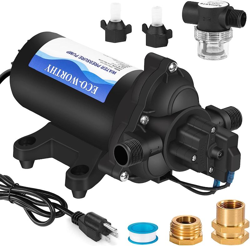 Photo 1 of ECO-WORTHY 33-Series Industrial Water Pressure Pump 110V AC 4.0GPM 50PSI RV Fresh Water Diaphragm Pump include Garden Hose Adapters for Irrigation Marine Boat Sprinkler Faucet
