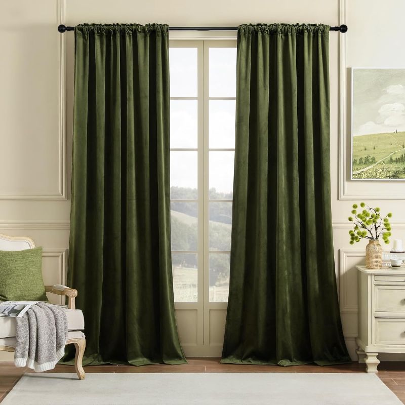 Photo 1 of Nemia Olive Green Velvet Curtains for Bedroom Window, Blackout Vintage Luxury Heavy Drapes, Thermal Insulated Room Darkening Rod Pocket Curtain for Living Room, W52 x L90 inches, 2 Panels
