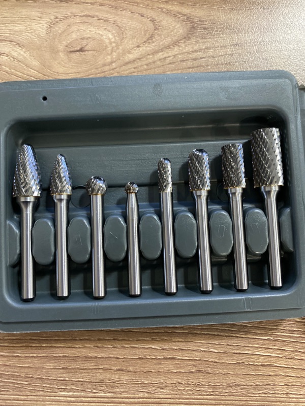 Photo 3 of Carbide Burr Set 8pcs with 1/4''Shank Double Cut Solid Power Tools Tungsten Carbide Rotary Files Bits for Die Grinder Metal Wood Carving Engraving Polishing Drilling Grinding Milling Cutting
