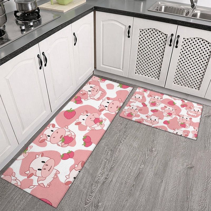 Photo 1 of Brilbcu Strawberry Cow Kitchen Mats Set 2 Piece Pink Strawberry Cow Decorative Rugs for Kitchen Low-Profile Strawberry Cow Floor Mats Decorations for Home Kitchen (17x48+17x24 Cute Cow Kitchen Rug)
