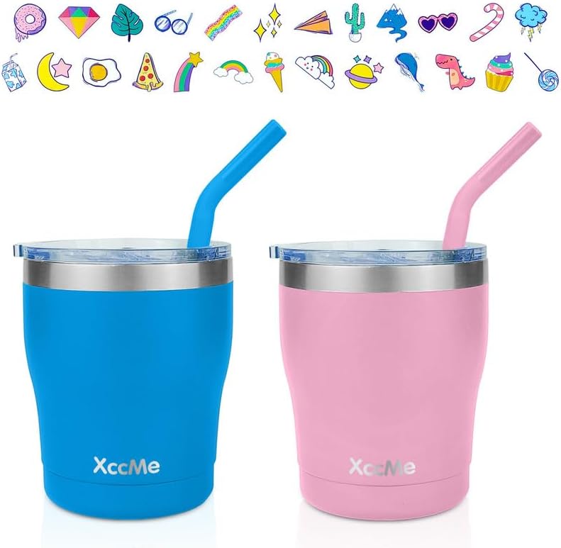 Photo 1 of XccMe 10oz Kids Stainless Steel Tumblers,2PACK Double Wall Vacuum Insulated Kids Cups,Stainless Steel Toddler Cups With Straws,Spill Proof Lids,Straw Brush,Silicone Bottoms,Stickers(Blue Pink)
