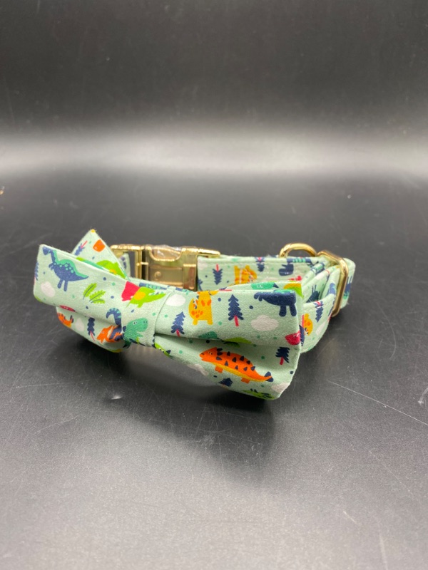 Photo 2 of Dog Collars with Bow Tie, Cute Cartoon Dinosaur Bowtie Accessory for Dogs, Gold Metal Accessories Collars for Small Medium Large Dogs, L (15"-24")
