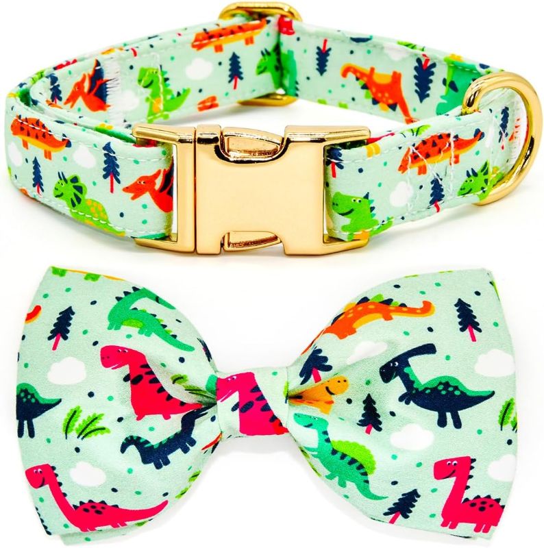 Photo 1 of Dog Collars with Bow Tie, Cute Cartoon Dinosaur Bowtie Accessory for Dogs, Gold Metal Accessories Collars for Small Medium Large Dogs, L (15"-24")
