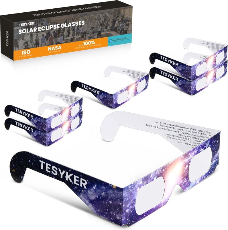Photo 1 of Tesyker Solar Eclipse Glasses, 6 Pack Paper Solar Eclipse Glasses for Safety Solar Eclipse Viewing, ISO 12312-2 Certified For Direct Sun Observation, AAS-Approved
