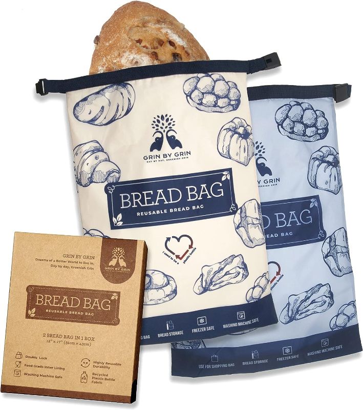 Photo 1 of GRIN BY GRIN- 2 Packs Bread Bags to Keep Fresh, Reusable Zipper for Homemade Loaf, Freezer Storage Bag, Container, Fresh Keeping Extra Large Bags, Food Bag
