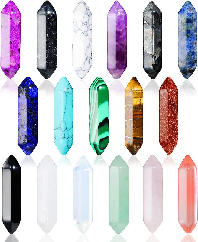 Photo 1 of 17Pcs Healing Crystals Stones Sets, Hexagonal Bullet Shaped Reiki Meditation Gemstone Chakra Stones Tiger Eye Obsidian Quartz Crystals Gemstone Wand Set Pendants with Storage Box
