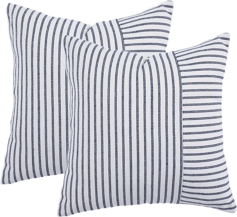 Photo 1 of BOYSUM Navy Blue and Beige Throw Pillow Covers, 18x18 Farmhouse Pillow Covers Striped Throw Pillow Cover Decor Indoor/Outdoor Pillow Accent Case Set of 2 (Navy Blue)

