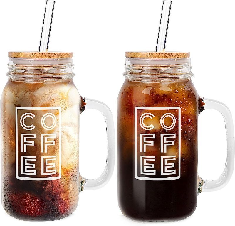Photo 1 of Mason Jar Iced Coffee Cup with Lid and Straw, 24oz Regular Mouth Mason Jars with Handle Glass Coffee Drinking Glasses Tumbler Reusable Boba Cups Bottles for...
