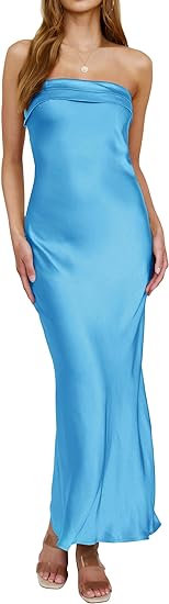 Photo 1 of (XS) ZESICA Women's 2024 Summer Satin Strapless Dress Sexy Backless Bodycon Wedding Cocktail Party Maxi Dresses- size XS