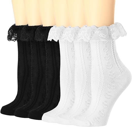Photo 1 of Size S  BIVOLU Womens Crew Socks Lace Ruffle Frilly Cotton Cute Princess Ankle Dress Socks for Girl 6 Pack
