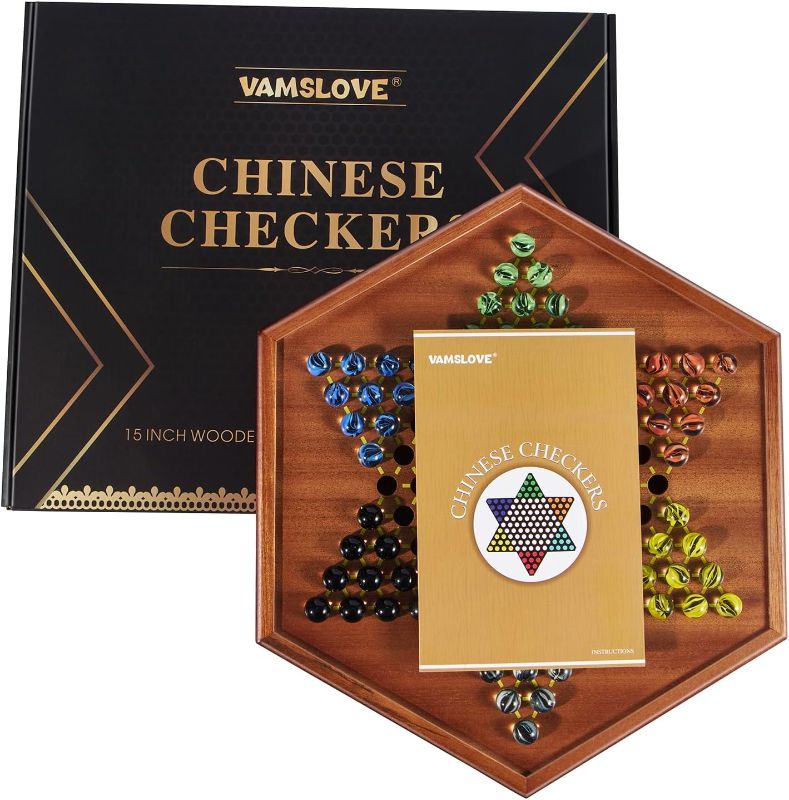 Photo 1 of VAMSLOVE Chinese Checkers 15" Large Upgraded Version Wooden Game Board, 16mm 60+12 Colorful Glass Marbles, Easy Grasping for Adults and Kids, w/Storage Drawer, Fun for Family Gathering
