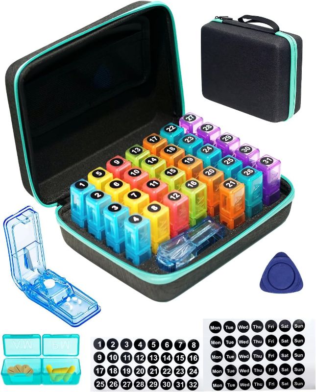 Photo 1 of FRIWOLE Monthly Pill Organizer 2 Times a Day, with Portable Hard Shell, Pill Cutter, 31-Day Box, Plastic Opening Pick, Monthly & Weekly Stickers, Convenient Medication Management
