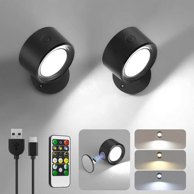 Photo 1 of Lightbiz LED Wall Mounted Lights 2 Pcs with Remote, Sconces Lamp 3000mAh Rechargeable Battery Operated, 3 Color Temperatures & Dimmable Magnetic 360° Rotation Cordless for Bedroom Bedside
