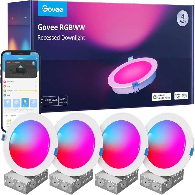 Photo 1 of Govee Smart Recessed Lighting 6 Inch, Wi-Fi Bluetooth Direct Connect RGBWW LED Downlight, 65 Scene Mode, Work with Alexa & Google Assistant with Junction Box, 1100 Lumen, 4 Pack
