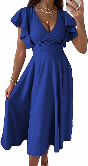 Photo 1 of (XL) 2024 Summer Midi Dress Ruffle Cap Sleeve V Neck Swing A Line Cocktail Party Dresses
