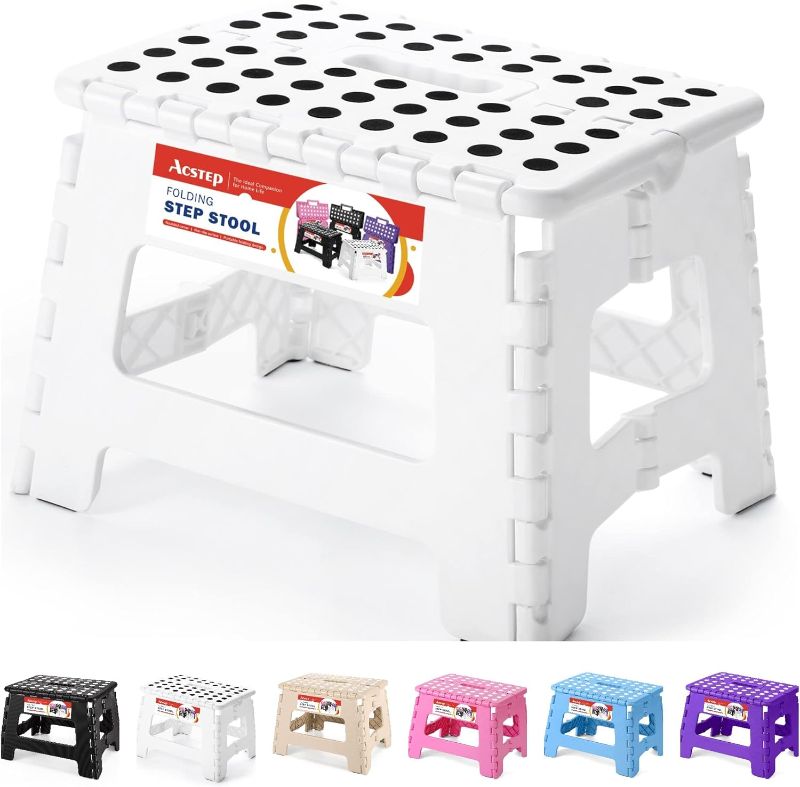 Photo 1 of ACSTEP Folding Step Stool Portable Collapsible Plastic Step Stool 9 Inch Foldable Step Stool Non Slip Folding Stools for Kitchen Bathroom Bedroom (White)
