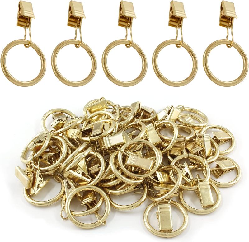 Photo 1 of BokWin Pack of 44 Gold Metal Curtain Rings with Clips,1 Inch Interior Dimaeter Drapery Rings,Rustproof Curtain Clips for Window Curtain Rod
