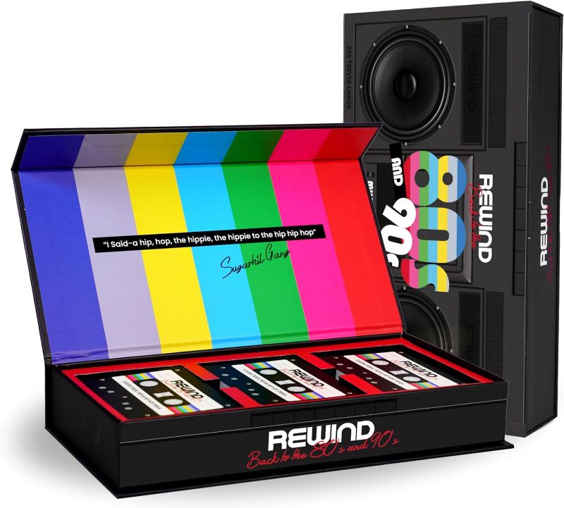 Photo 1 of Mojo Games, Rewind, Back to The 80's and 90's Music Trivia - Nostalgic Pop Culture, Rock, Pop and Hip Hop Card Game for Family and Friends Game Night (Music Trivia)
