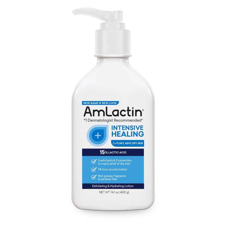 Photo 1 of AmLactin Intensive Healing Body Lotion for Dry Skin – 14.1 oz Pump Bottle – 2-in-1 Exfoliator & Moisturizer with Ceramides & 15% Lactic Acid for Relief from Dry Skin (Packaging May Vary)
