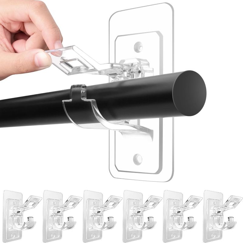 Photo 1 of 6-Pack No Drill Needed Curtain Rod Holders Brackets, Self Adhesive Rod Holder Hooks, Multipurpose Nail Free Stick on Curtain Rod Hooks
