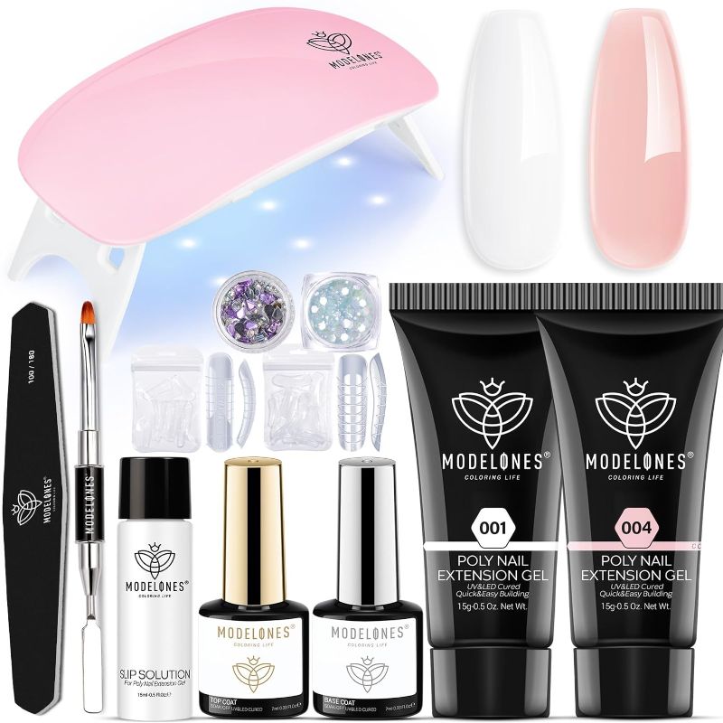 Photo 1 of Modelones Poly Nail Gel Kit Builder Extension Gel Nude White French Nail Colors with Mini Nail Lamp Slip Solution Rhinestone Nail Manicure Complete Kit DIY Nail Art Design Beginner Kit Gift
