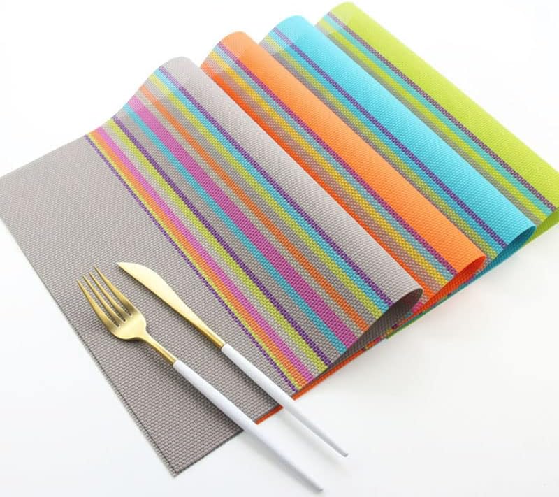 Photo 1 of Dining Table mats Set - 6pcs Placemats PVC Non Slip Washable Heat Resistant Rainbow Stripe Dining Table Place Mats for Kitchen Tableware
