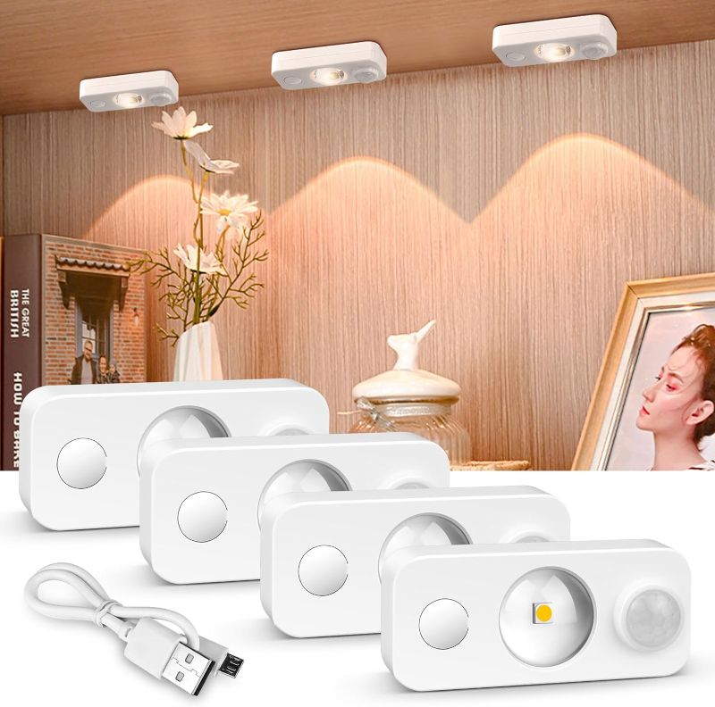 Photo 1 of inShareplus 4 Pack LED Under Motion Sensor Cabinet Light, Dimmable & Wireless, 90LM 3500K Warm White Night Lights, Portable Design with USB Rechargeable Battery, Lighting for Kitchen Closet Camping
