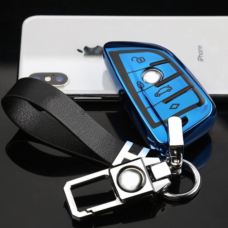 Photo 1 of QBUC Key Fob Cover Full Protective Case, Key Fob Case for X1 /X3 /X5 /X6 and for Series 1/2 /5/7 Soft TPU Anti-dust Case Shell Keyless Remote Control (Blue)
