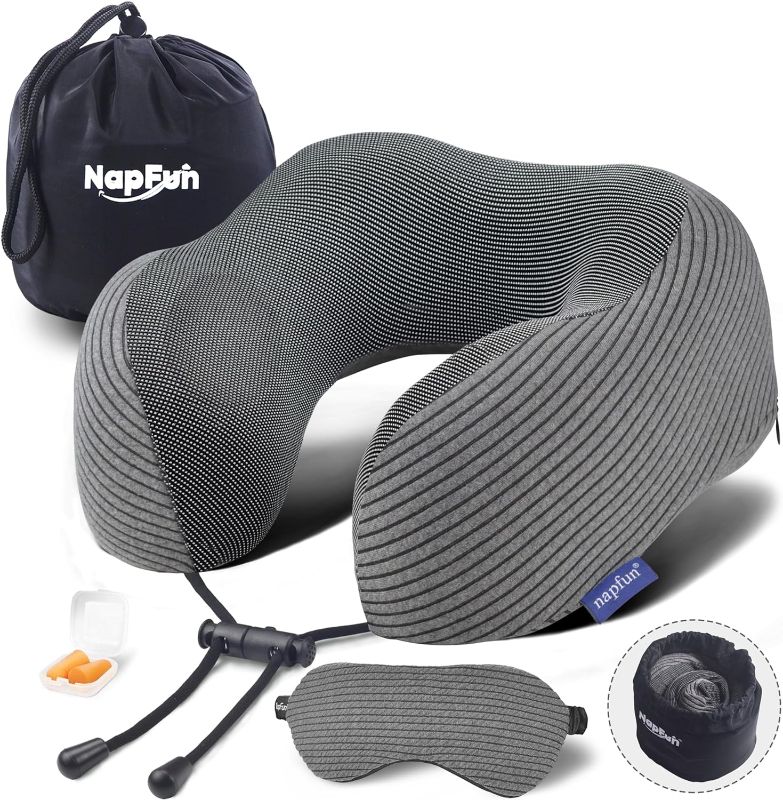 Photo 1 of napfun Travel Pillow, 100% Pure Memory Foam Neck Pillows for Travel Airplane Headrest Flight Plane Accessories, Deep Grey, Medium (120-200LB)

