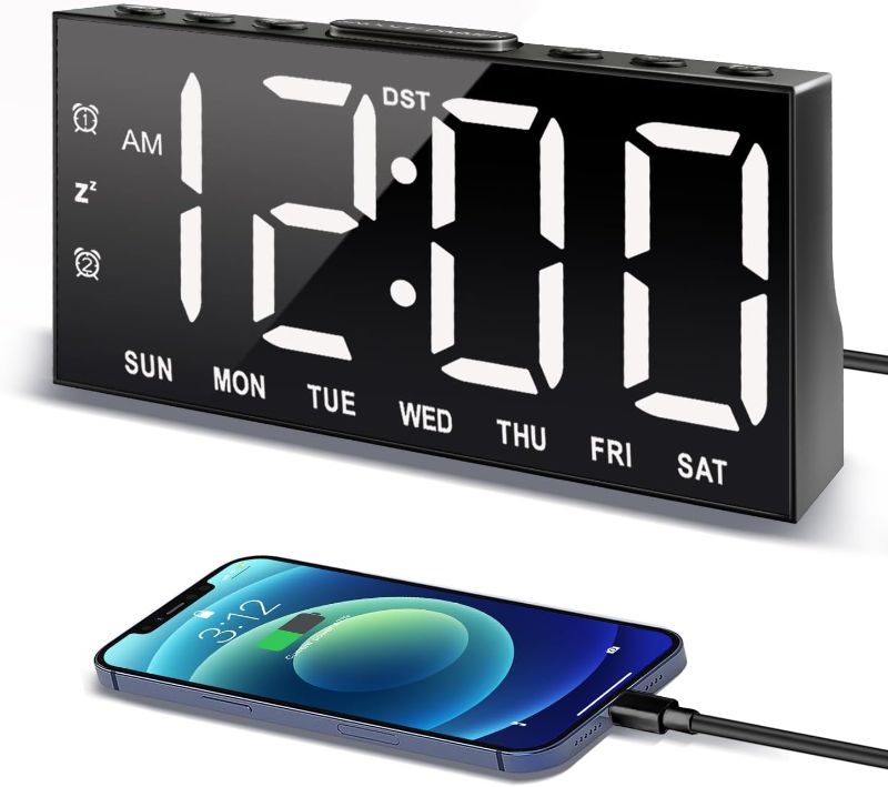 Photo 1 of Digital Alarm Clock with Large Display Big Bold Numbers, Dimmer, 2 USB Charging Ports, Snooze, Small Table Desk Clock for Bedroom, Living Room, Clock for Heavy Sleepers
