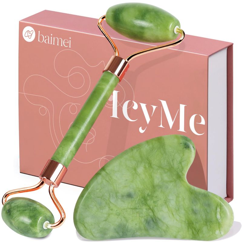 Photo 1 of BAIMEI IcyMe Gua Sha & Jade Roller Facial Tools Face Roller and Gua Sha Set for Puffiness and Redness Reducing Skin Care Routine, Self Care Gift for Men Women - Green
