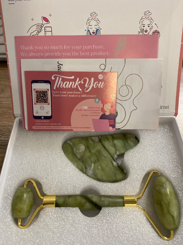 Photo 2 of BAIMEI IcyMe Gua Sha & Jade Roller Facial Tools Face Roller and Gua Sha Set for Puffiness and Redness Reducing Skin Care Routine, Self Care Gift for Men Women - Green
